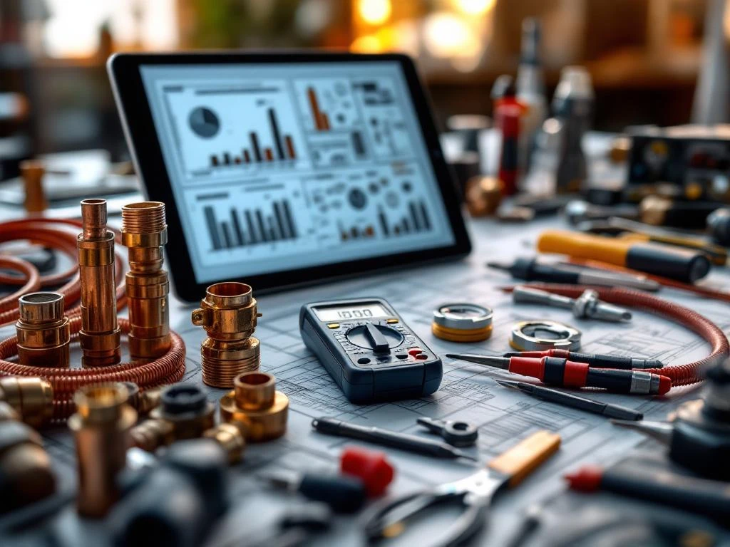 Professionele installatietools op werkbank met multimeter, koperen buizen en tablet met technische tekeningen