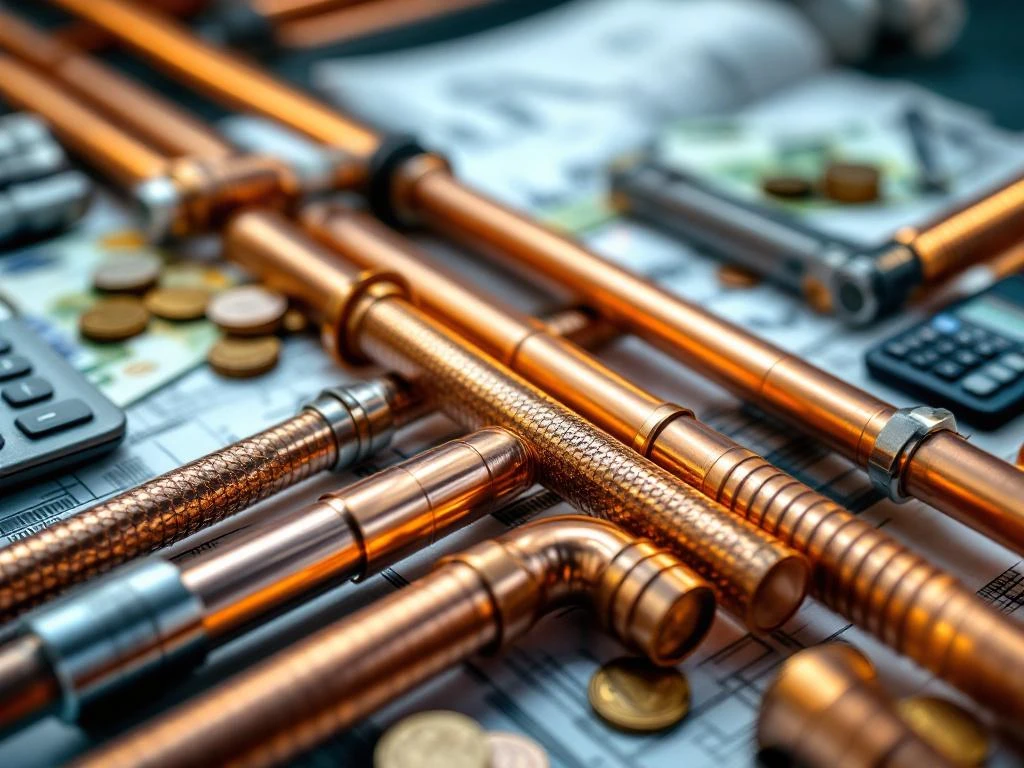 Koperen leidingen en HVAC-apparatuur met eurobiljetten, calculator en blauwdrukken voor installatiekostenberekening