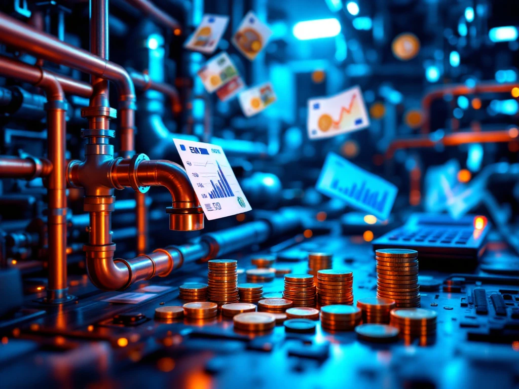 Moderne installatie met koperen leidingen, HVAC-systemen, eurobankbiljetten en financiële grafieken in blauw-oranje licht