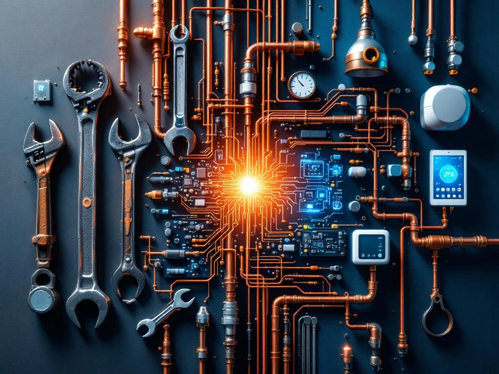 Gesplitst beeld van traditionele installatietools die overgaan in moderne slimme technologie en IoT-sensoren