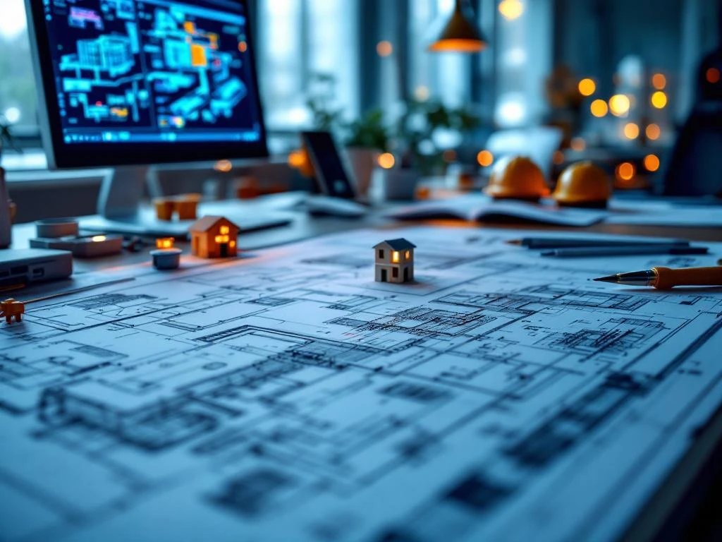 Architecturale blauwdrukken en technische tekeningen op modern bureau met bouwmodellen en engineering diagrammen