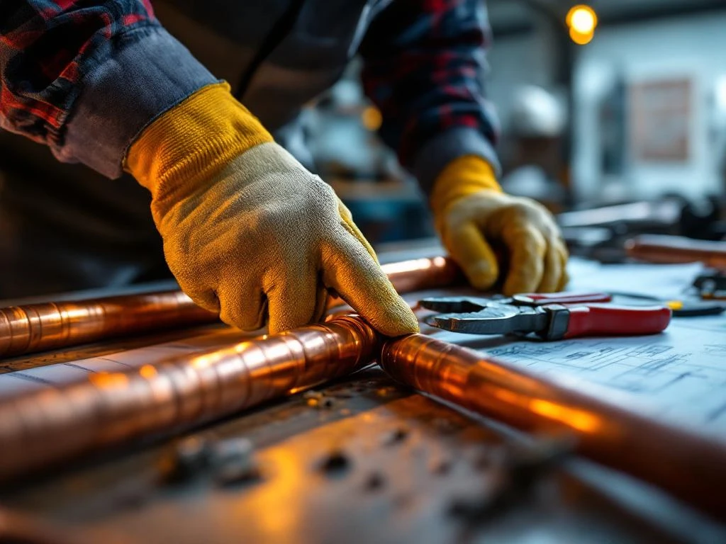 Geschoolde handen in werkhandschoenen installeren koperen leidingen en elektrische buizen op werkbank met gereedschap