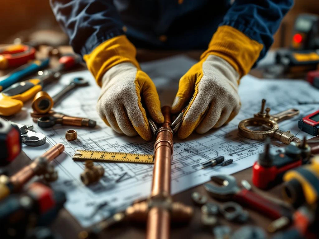 Vakkundige handen in werkhandschoenen verbinden koperen leidingen met professioneel gereedschap en meetapparatuur