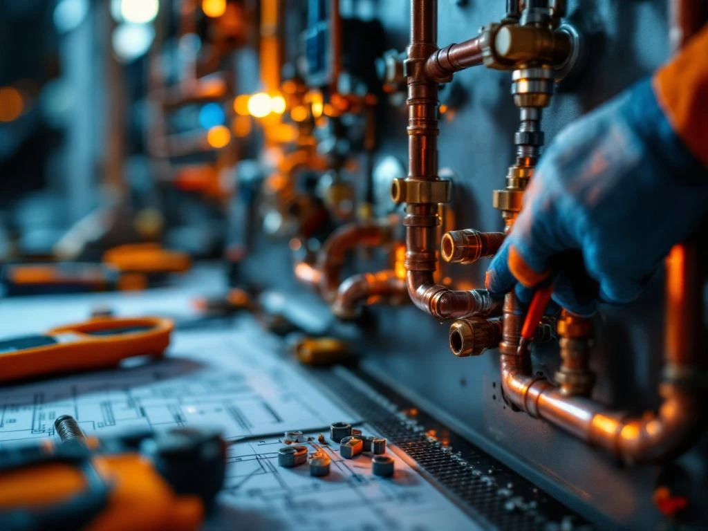 Vakkundige handen in werkhandschoenen stellen koperen leidingen en elektrische buizen af op installatiepaneel met gereedschap