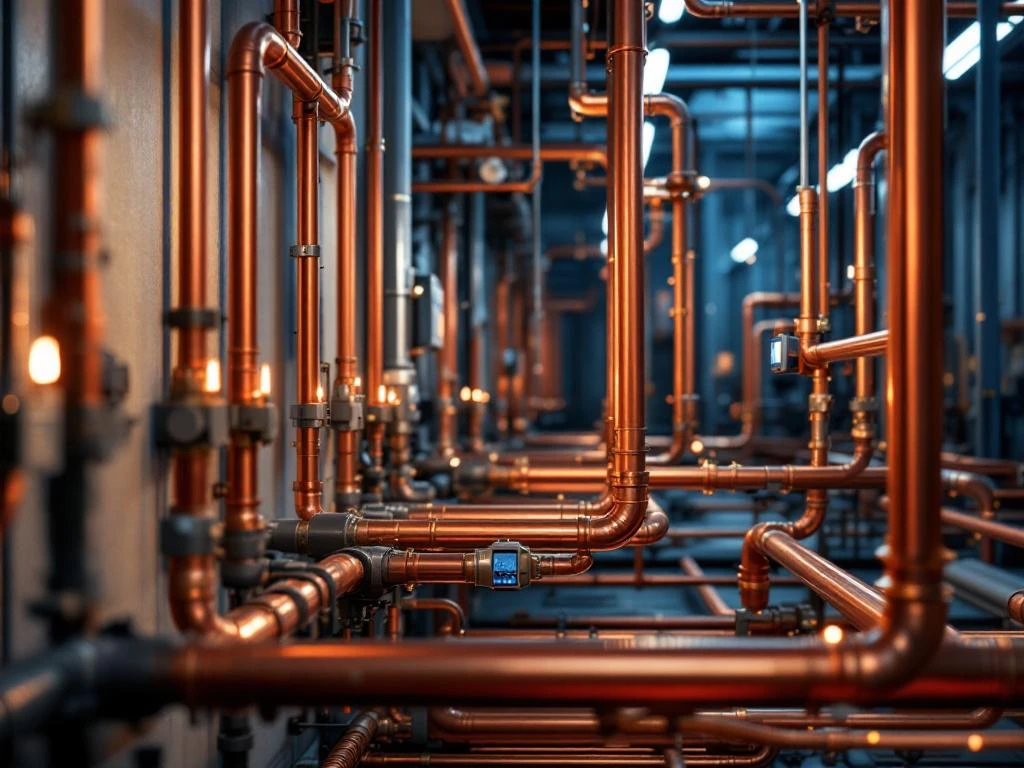 Moderne koperen leidingen en elektrische buizen in geometrische patronen met digitale meetinstrumenten en professionele belichting