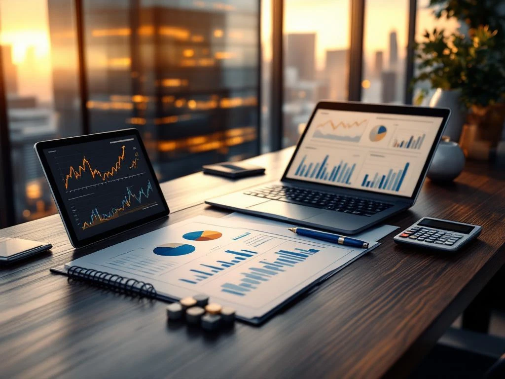 Modern kantoorgebouw met financiële documenten, grafieken en laptop op houten bureau tijdens gouden uur