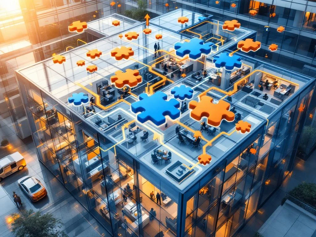 Luchtfoto van modern glazen kantoorgebouw met modulaire werkruimtes, verbonden door blauwe en oranje puzzelstukken