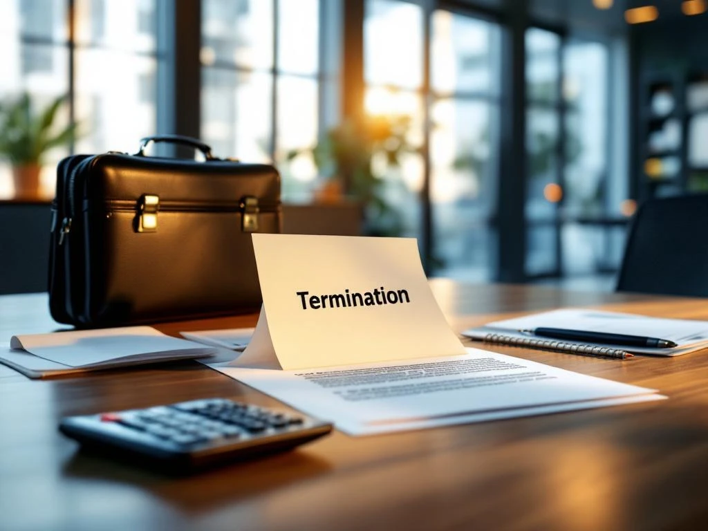 Ontslagbrief op modern bureau met zakelijke documenten, rekenmachine en open aktetas in professioneel kantoor