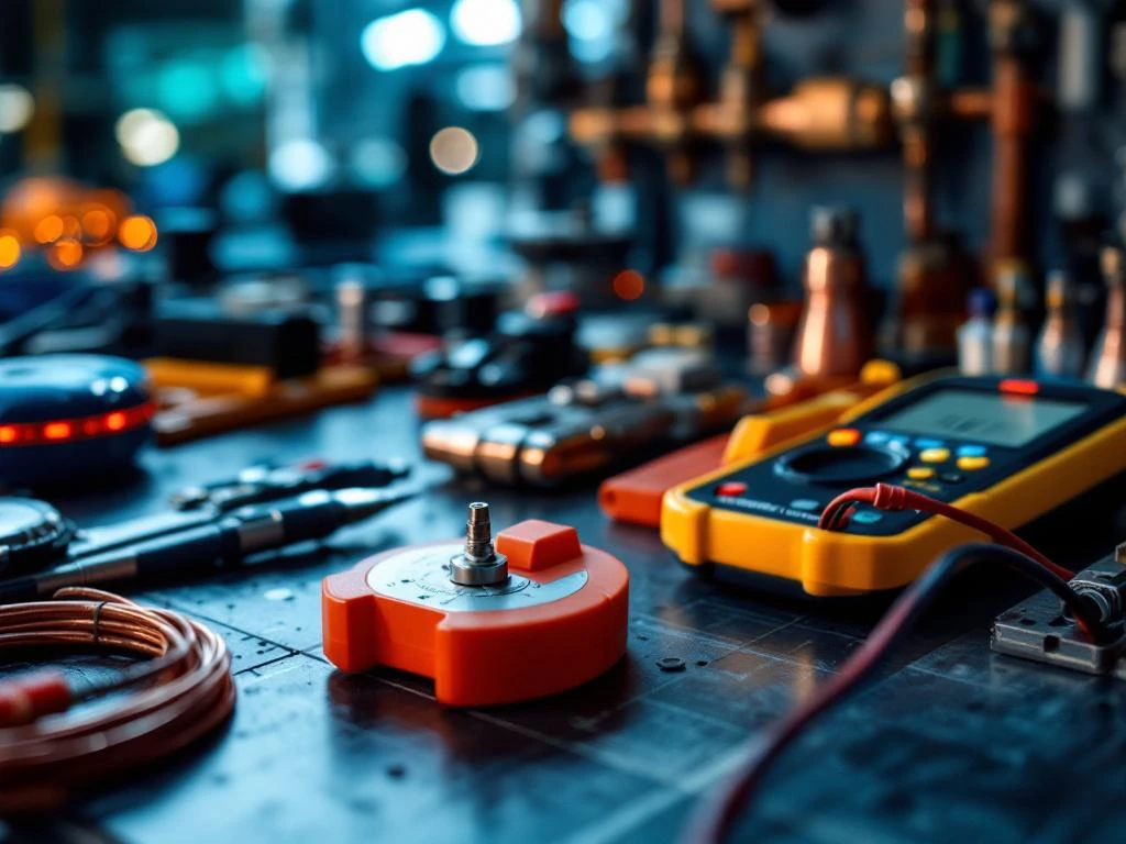 Professionele installatiegereedschap en meetinstrumenten op werkbank met multimeter en koperen leidingen