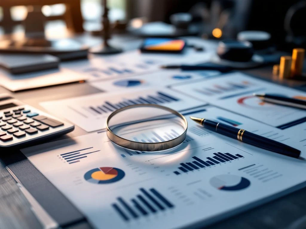 Modern bureau met prestatie-evaluatiedocumenten, grafieken, calculator en tablet met financiële gegevens