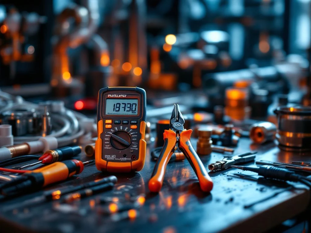 Professionele installatiegereedschappen op werkbank: multimeter, schroevendraaiers, draadstrippers en tang met PVC buizen