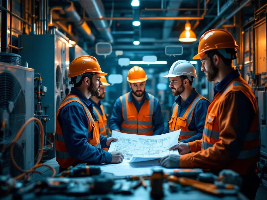 Professionele installatietechnici in helmen bespreken blauwdrukken bij HVAC-systemen en elektrische panelen