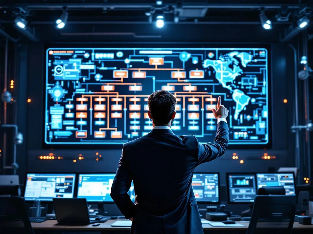 Professionele manager wijst naar organisatieschema in technische controlekamer met monitoren en blauwdrukken
