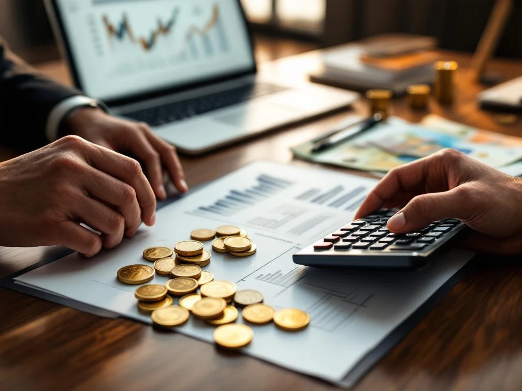 Zakelijke handen met rekenmachine en salarisonderhandelingsdocumenten op houten bureau met euromunten en grafieken