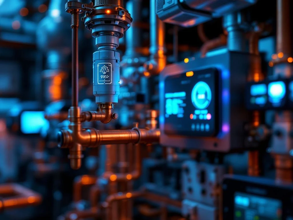 Geavanceerde slimme gebouwtechnologie met IoT-sensoren, HVAC-systemen en digitale controlepanelen met LED-indicatoren