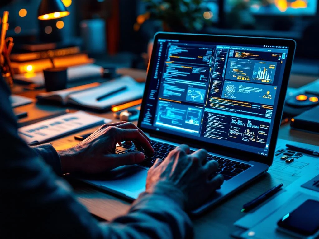 Handen typen op laptop met code en technische diagrammen, omringd door blauwdrukken en circuitboards op bureau