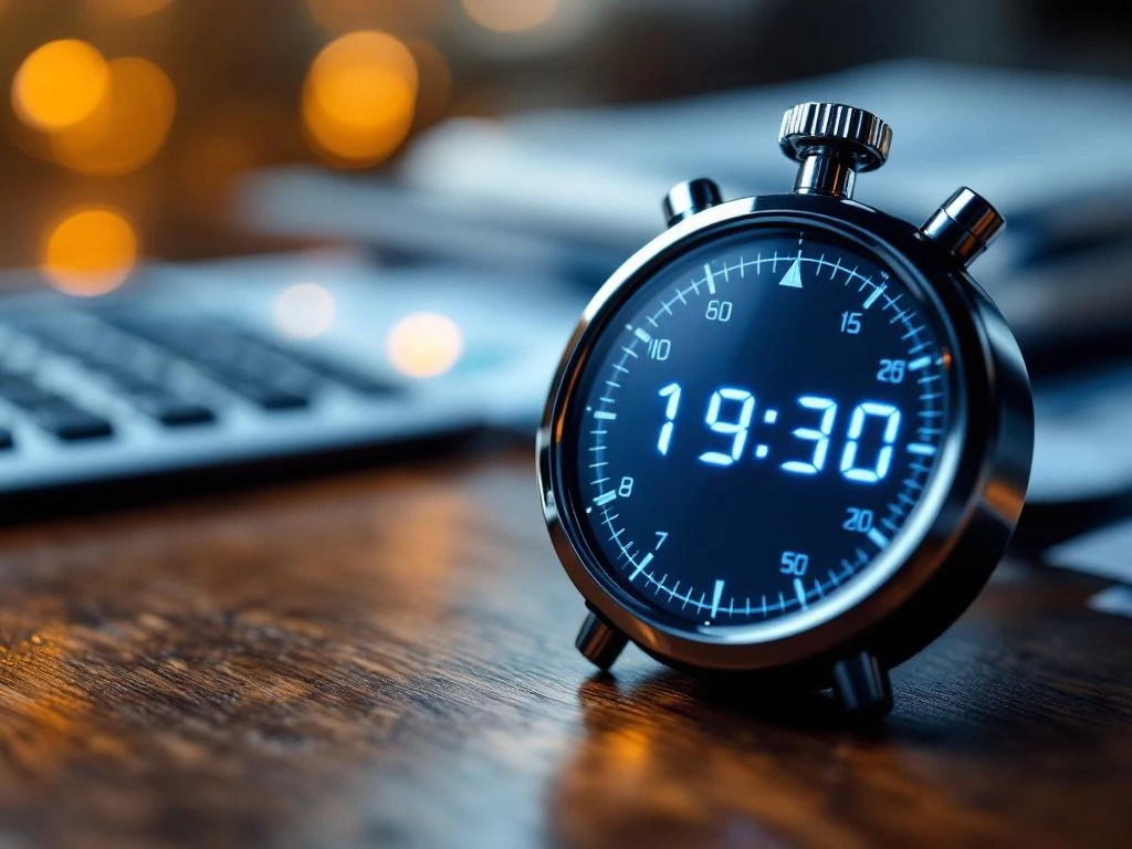 Moderne stopwatch op houten bureau met financiële documenten en rekenmachine op achtergrond, professionele verlichting