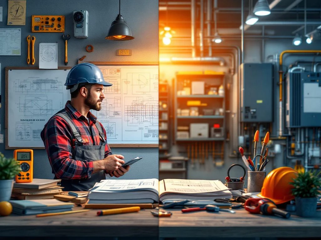 Gesplitste weergave van traditioneel klaslokaal met technische boeken en moderne installatieworkshop met elektrische panelen