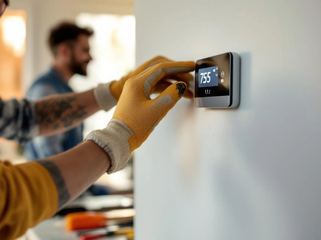 Technicus in werkhandschoenen installeert moderne thermostaat op witte muur met professioneel gereedschap