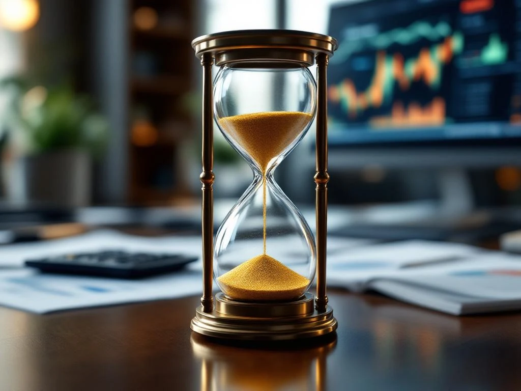 Zandloper met gouden zand op bureau met financiële documenten, grafieken en rekenmachine in professionele kantooromgeving