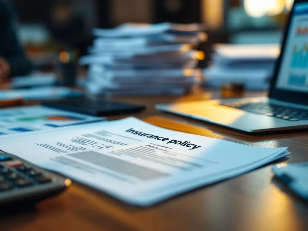 Professioneel bureau met open verzekeringspolis, calculator en laptop met spreadsheetgegevens voor financiële planning