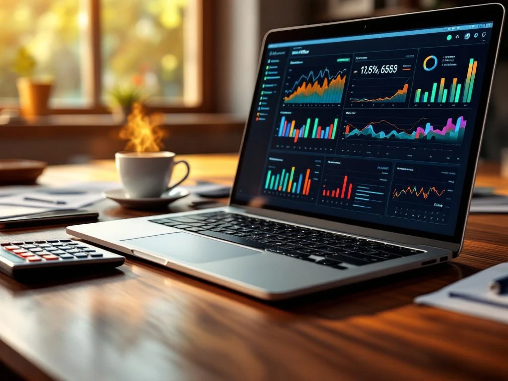 Zakelijke dashboard op laptop met financiële grafieken, KPI-metrics en data-analyse op houten bureau met koffie