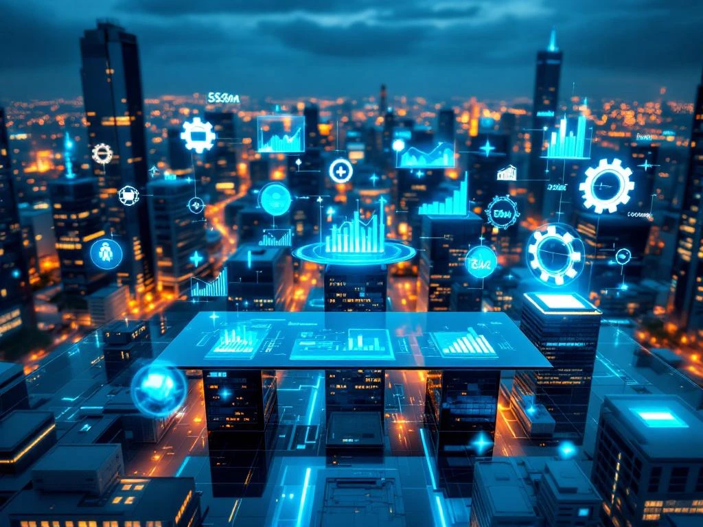 Luchtfoto van moderne bedrijvendistrict met holografische financiële data op glazen tafel en sector iconen boven kantoorgebouwen