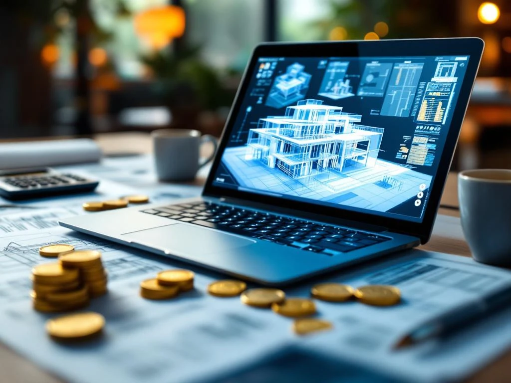Laptop met 3D BIM-gebouwmodel op architectenbureau met euro's, calculator en technische tekeningen