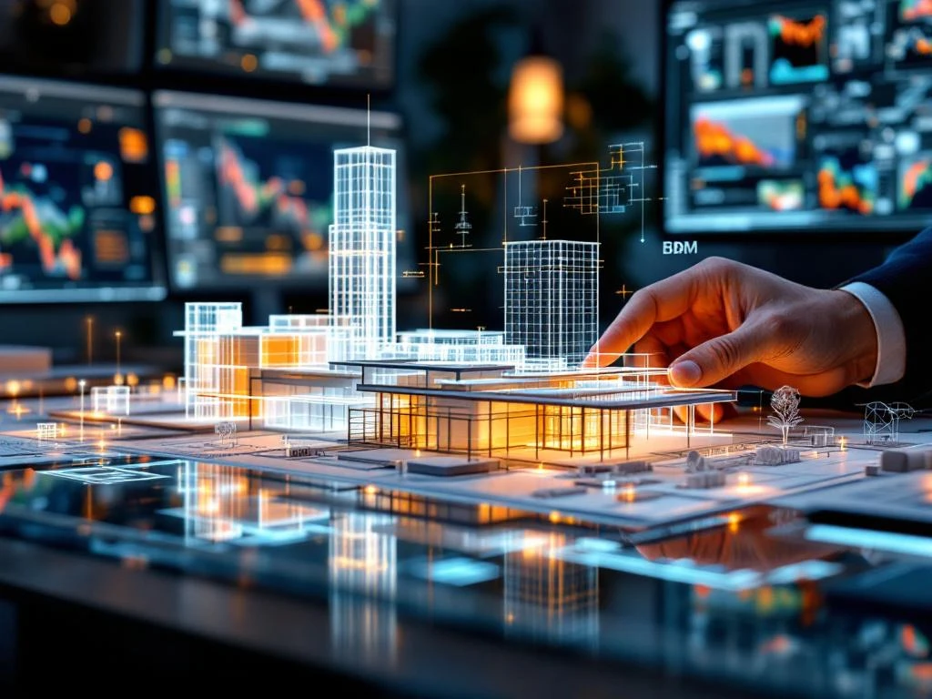 Handen manipuleren 3D architectuurmodel op glazen bureau met holografische BIM-wireframes en CAD-software op monitors