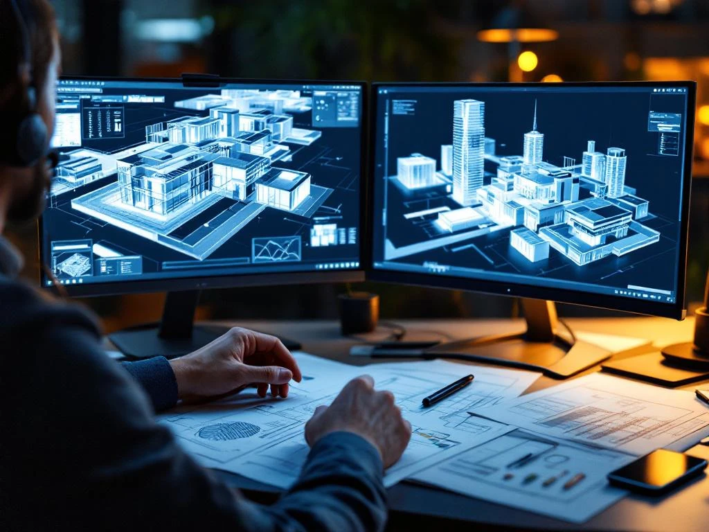 Handen bedienen computer met twee monitoren met 3D BIM architectuurmodellen en blauwdrukken op professioneel bureau