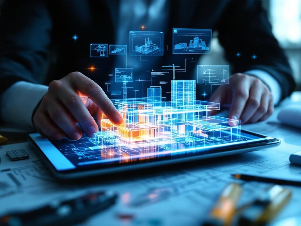 Handen manipuleren 3D architectuurmodel op tablet met holografische BIM-wireframes en blauwdrukken in modern kantoor