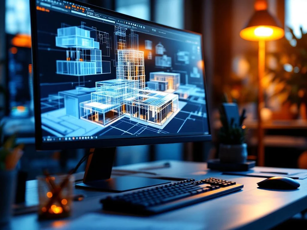 Computer werkstation met 3D BIM architectuurmodel op monitor, omringd door technische tekeningen en professionele tools