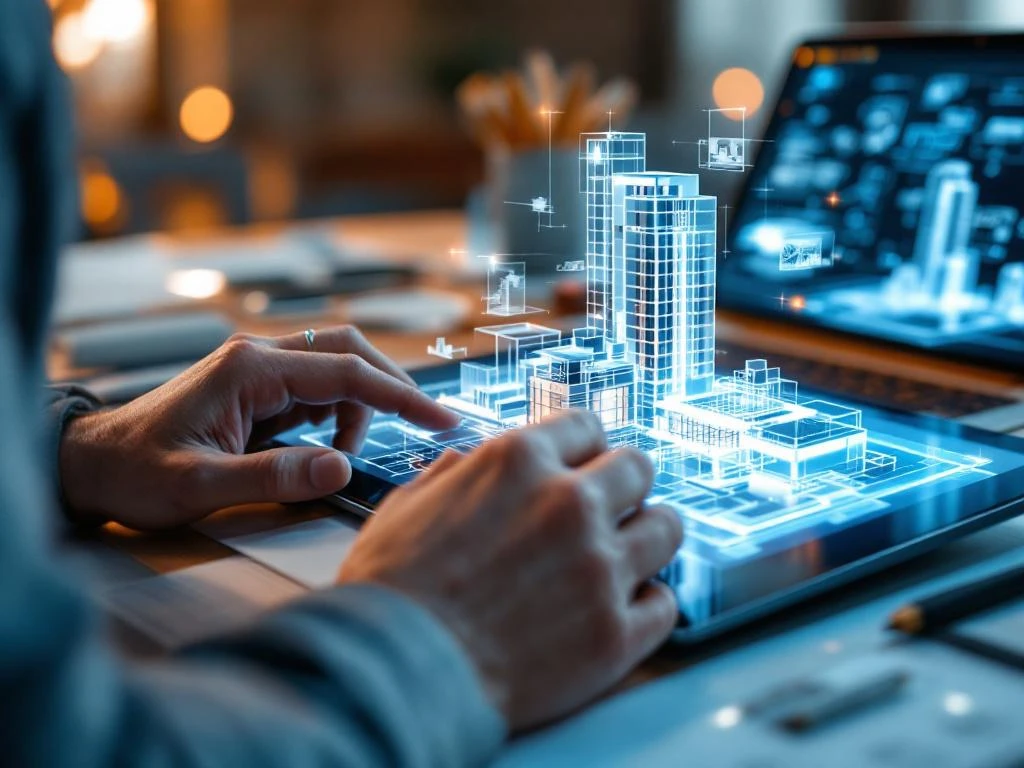 Handen die een 3D architectuurmodel manipuleren op tablet met holografische BIM-wireframes en blauwdrukken