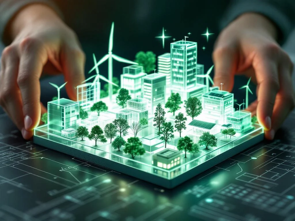 Handen manipuleren 3D BIM-model met groene duurzame elementen zoals zonnepanelen en windturbines op donkere ondergrond