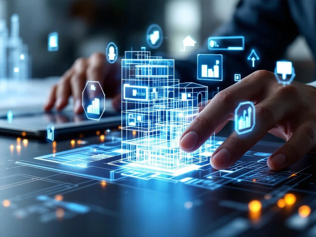 Handen manipuleren transparant 3D-gebouwmodel met blauwe BIM-wireframes en zwevende projectmanagement-iconen