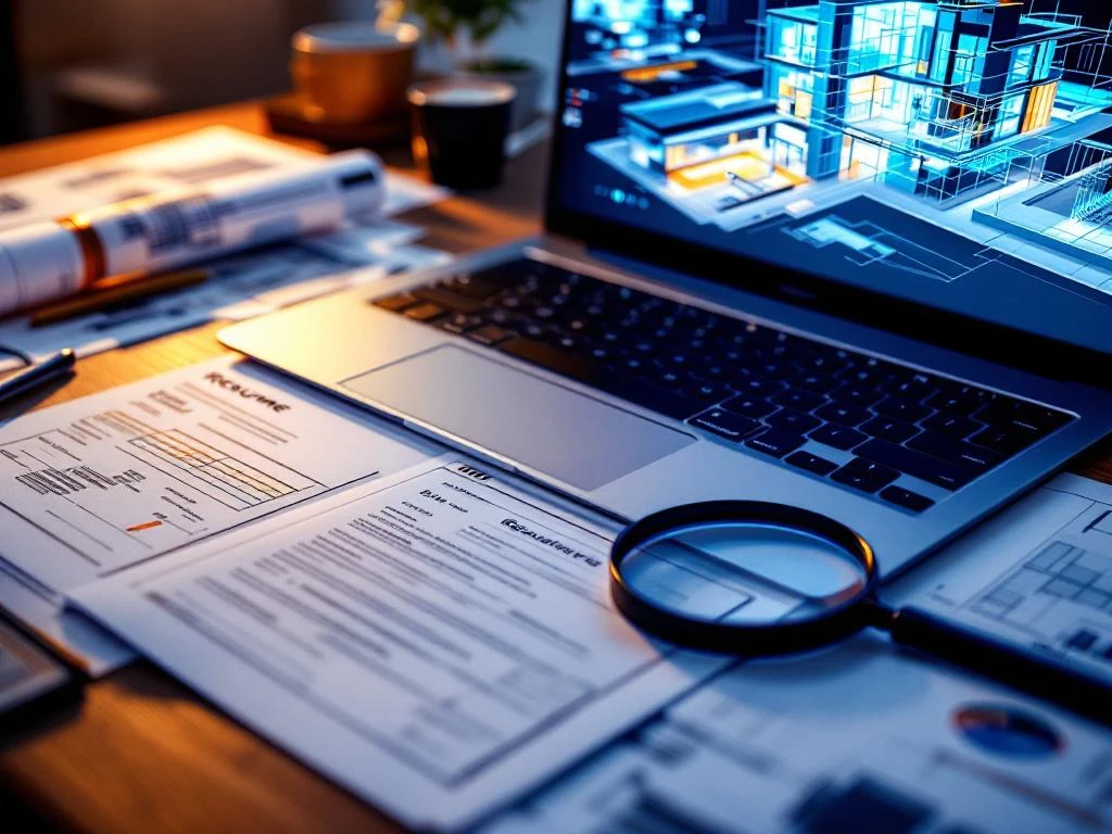 Laptop met 3D BIM architectuurmodel op scherm, cv en blauwdrukken op bureau met vergrootglas, professionele werkruimte