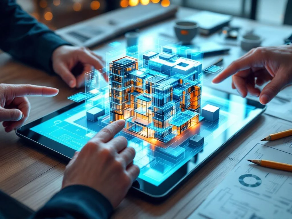 Professionele handen wijzen naar 3D BIM-architectuurmodel op digitale tablet met blauwdrukken en technische hulpmiddelen