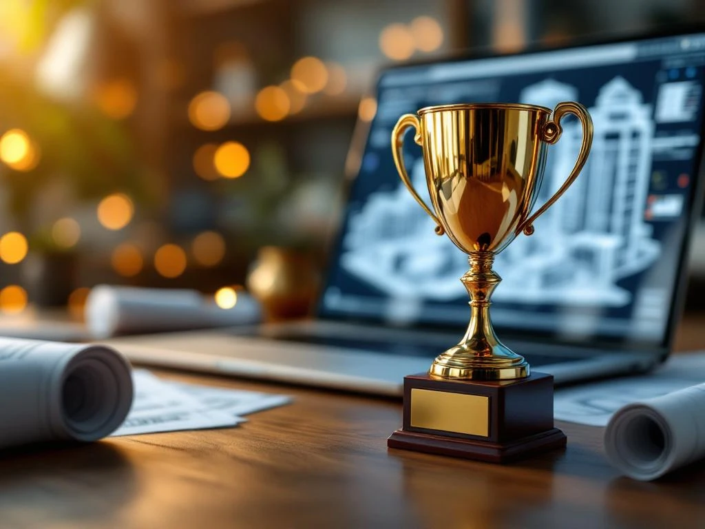 Gouden trofeeën en certificaten op houten bureau met laptop met BIM-architectuursoftware en blauwdrukken op achtergrond
