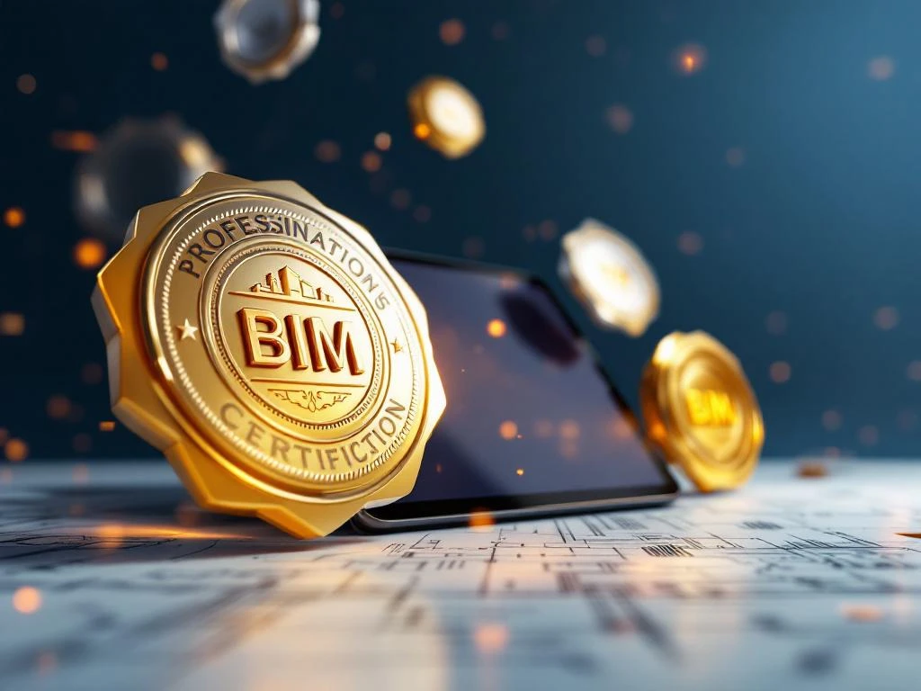 Professionele BIM-certificeringsbadges zwevend boven tablet met 3D architectuurmodel op donkerblauwe achtergrond