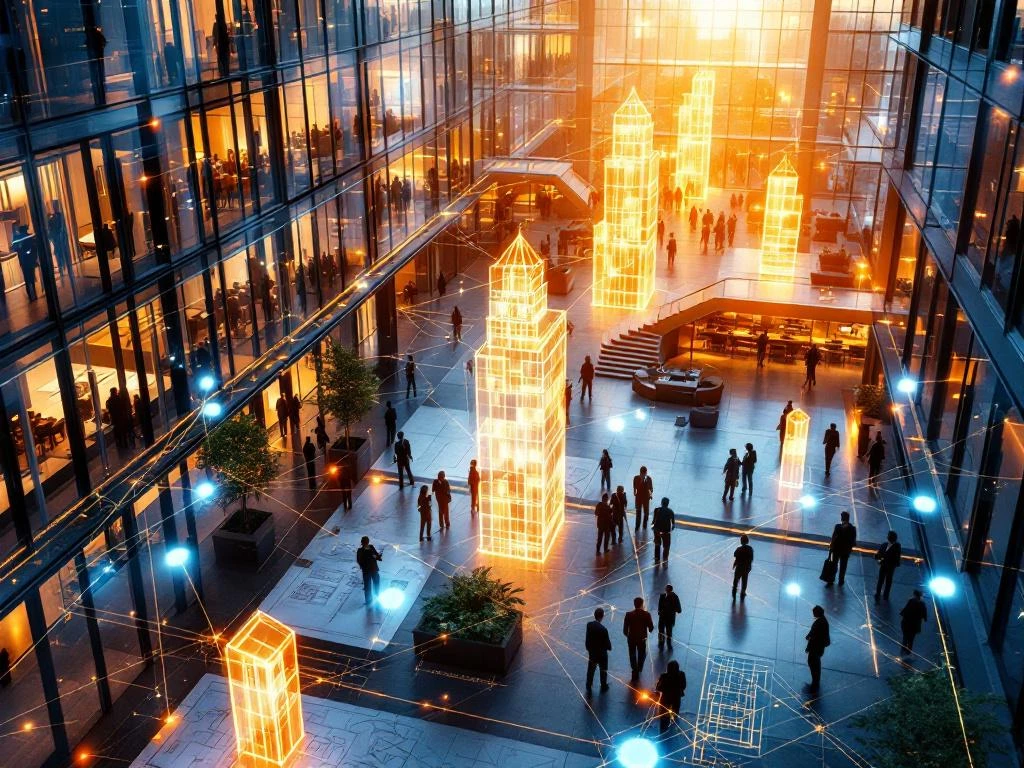 Moderne glazen conferentiecentrum met BIM-technologie, zakenmensen netwerken, digitale connecties en blauw-oranje kleurenschema