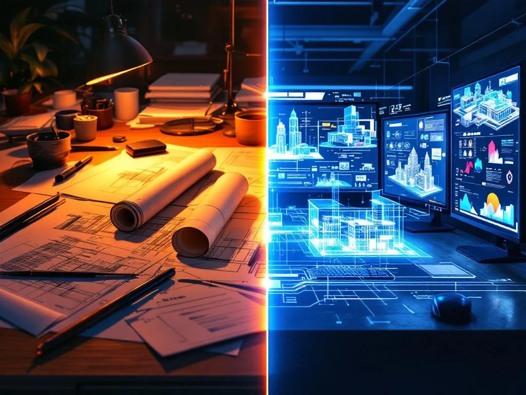 Digitale transformatie in BIM-modeling: traditionele 2D blauwdrukken links, moderne 3D gebouwmodellen op monitoren rechts