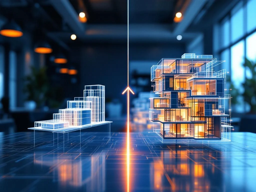 Split-screen vergelijking van junior naar senior BIM-expertise: eenvoudig 3D-model links, complex architecturaal model rechts