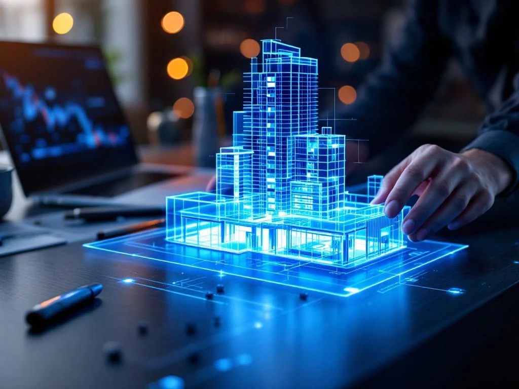 Handen manipuleren holografisch 3D-bouwmodel met blauwe wireframe details boven bureau met laptop en tekengereedschap