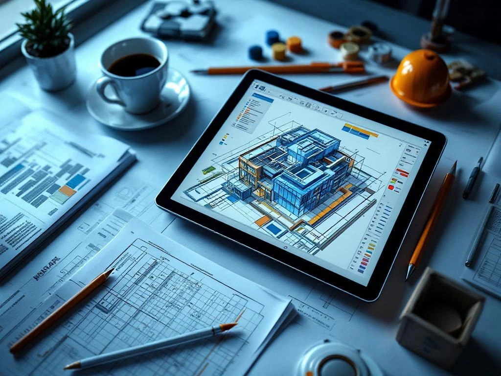 Digitale tablet met 3D BIM-gebouwmodel omringd door technische tekengereedschappen en kwaliteitscontroledocumenten
