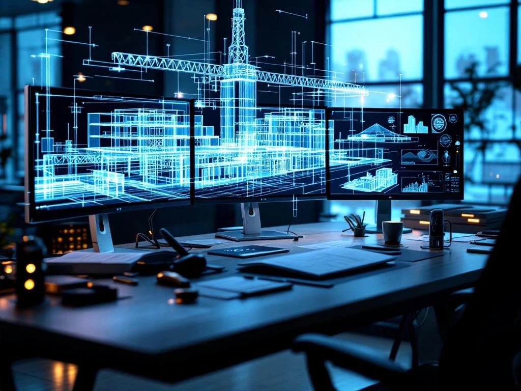 3D architectuurwerkplek met BIM-model op meerdere monitors, holografische blauwdrukken en CAD-gereedschappen op bureau