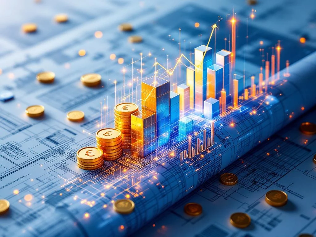 Luchtfoto van bouwkundige tekening die transformeert naar 3D BIM-model met gouden munten en stijgende grafieken