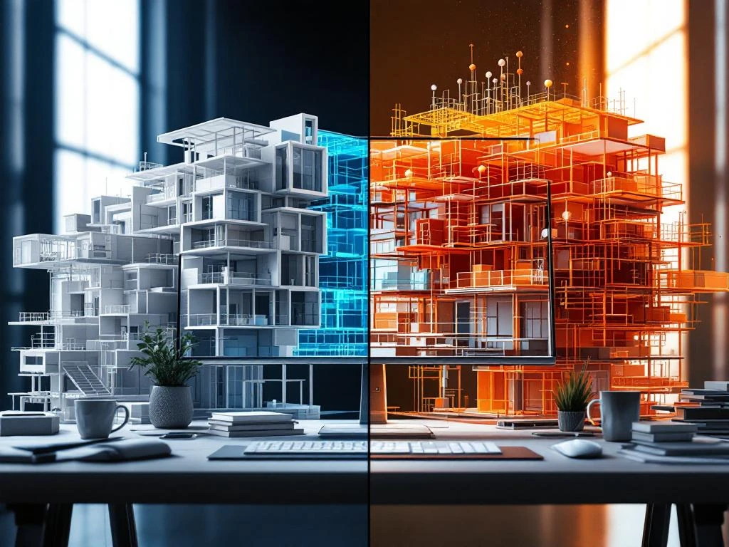 Gesplitst scherm toont foutloze 3D gebouwmodel links versus chaotisch BIM-model rechts op architect bureau met CAD-software