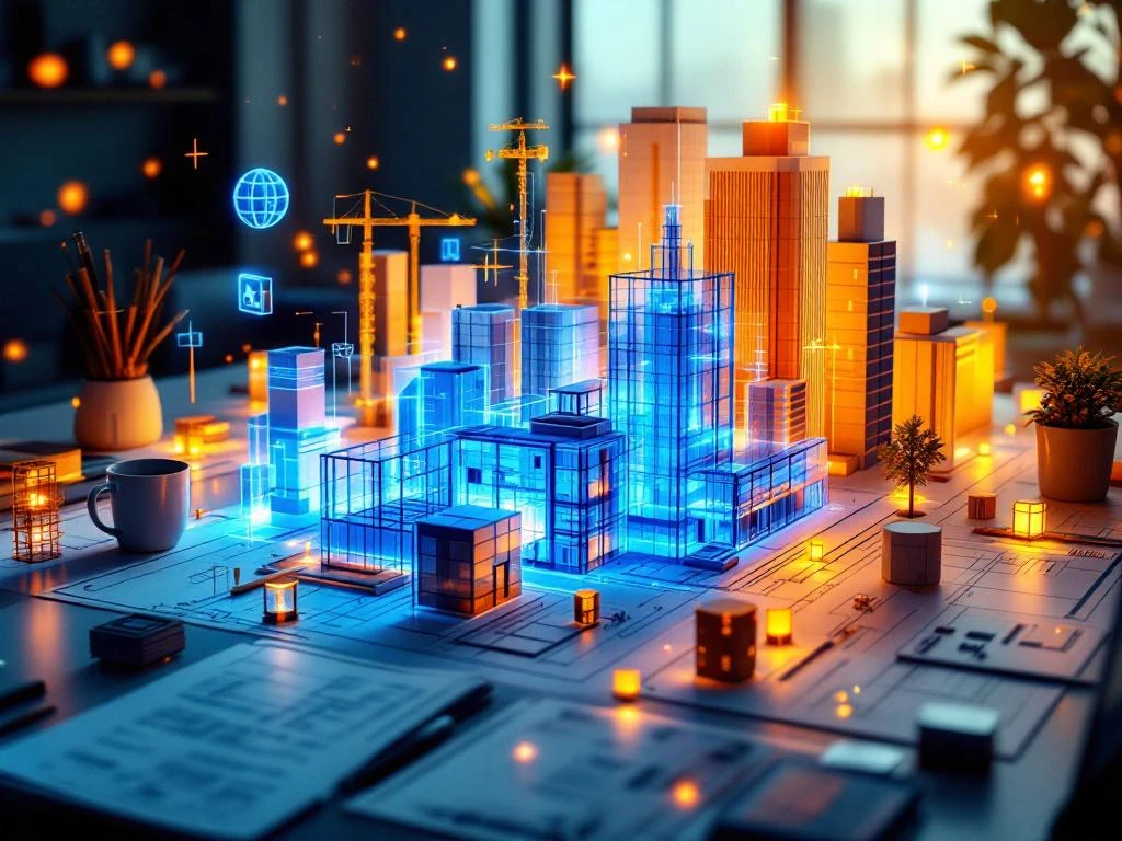 Moderne architecturale blauwdruk die transformeert naar 3D BIM-model met digitale wireframes boven bureau met laptop