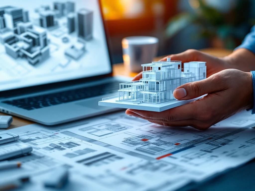 Handen houden 3D architectuurmodel vast met BIM-software op laptop en blauwdrukken op bureau voor technische interviews