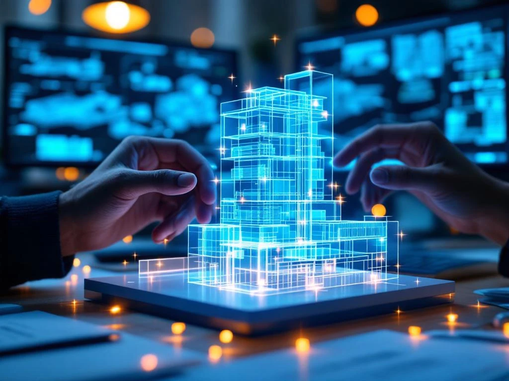 Handen manipuleren gloeiend 3D gebouwmodel met blauwe digitale wireframes op modern bureau met architecturale blauwdrukken